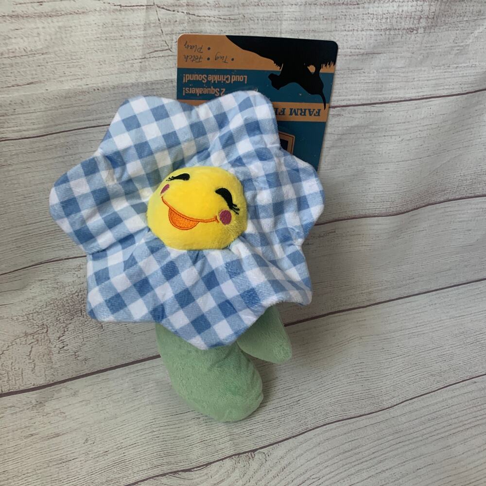 Dr. Pol Farm Flower Dog Toy Blue Gingham Plaid 2 Squeakers Crinkle 12 1/2"L